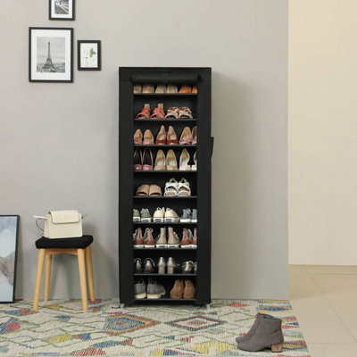 Black 10-Tier Fabric Shoe Rack Cabinet - Dustproof Storage