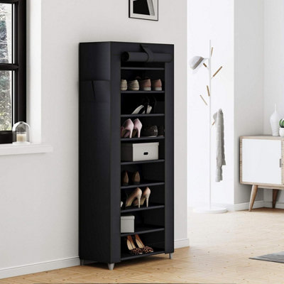 Black 10-Tier Fabric Shoe Rack Cabinet - Dustproof Storage
