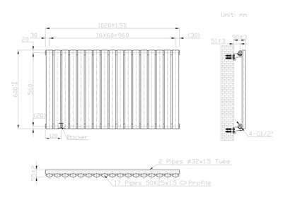 Black 1020 x 600 mm Modern Horizontal Column Designer Radiator Oval ...