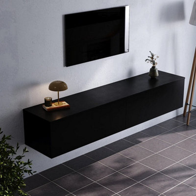 bLACK 160CM Wall Mounted Floating TV Cabinet Unit with Storage Shelves ...