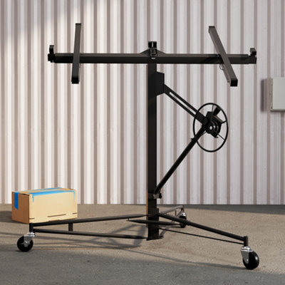 Black 16FT Drywall Hoist Lifter with Rolling Jack Tool with 150 Pounds Maximum Weight Capacity