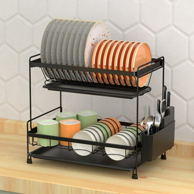 Black 2 Tier Countertop Dish Drying Rack with Drip Trays, 43cm(W) x ...