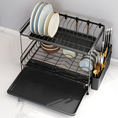 Black 2 Tier Countertop Dish Drying Rack with Drip Trays, 43cm(W) x ...