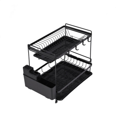 Black 2 Tier Countertop Dish Drying Rack with Drip Trays, 43cm(W) x ...