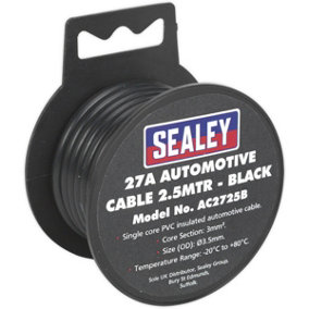 Black 27A Thick Wall Automotive Cable - 2.5m Reel - Single Core - PVC Insulated
