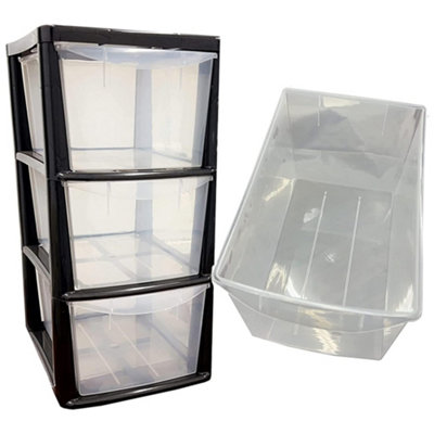 Black 3 Drawer Storage Tower Unit With Clear Spacious Drawers