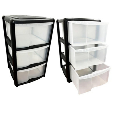 Black 3 Storage Tower Unit With Clear Spacious Drawers For Home Office Schools