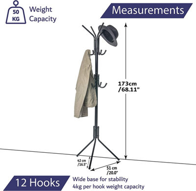 Black 3 Tier Coat Stand With 12 Hooks