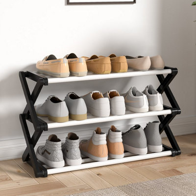 Black 3-Tier Foldable Narrow Space Saving Metal Shoe Rack Shoe