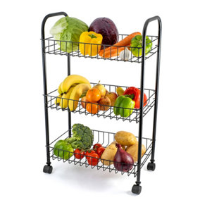 Black 3 Tier Fruit Trolley Basket Rack Kitchen Storage Vegetable Cart Wheels Roller DIY