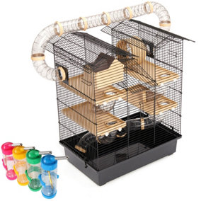 Black 3-Tier Large Hamster Cage With Slide Tubes Wheel Tunnel Water Bottle - Ideal For Animals like Hamster Mouse Gerbil & Rodents
