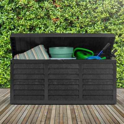 Outdoor end table with storage 13 gallon resin plastic store deck box