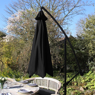 Black 3m Cantilever Garden Parasol Hanging Umbrella & Fan Base