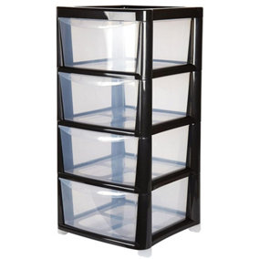 Black 4 Drawer Storage Tower Unit With Clear Spacious Drawers For Home & Office Organisation