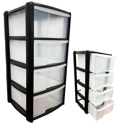 Black 4 Drawer Storage Tower Unit With Clear Spacious Drawers For Home & Office Organisation