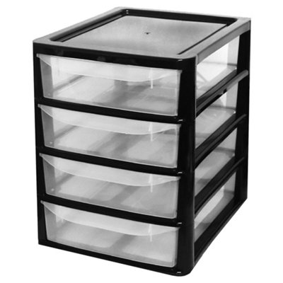 Black 4 Pull Out Drawers A4 Desktop Plastic Storage Drawers Table Top Organiser