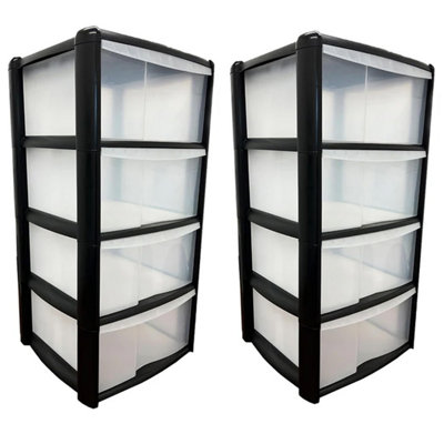 Black 4 Storage Tower Unit With Clear Spacious Drawers For Home Office Schools