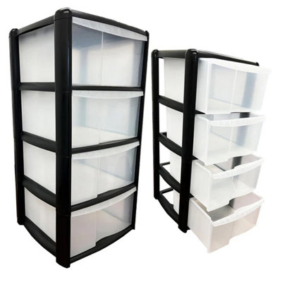 Black 4 Storage Tower Unit With Clear Spacious Drawers For Home Office Schools