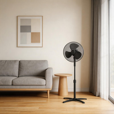 Black 40W Height-adjustable Standing Fan, 70cm (W x 70cm), D x 120cm (H)