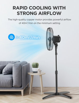 Black 40W Height-adjustable Standing Fan, 70cm (W x 70cm), D x 120cm (H)