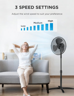 Black 40W Height-adjustable Standing Fan, 70cm (W x 70cm), D x 120cm (H)