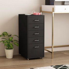 Black 5 Drawer Chest Metal Movable Office Storage File Cabinet Nightstand with Wheels H 685 mm
