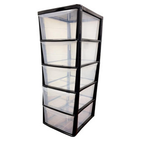 Black 5 Drawer Storage Tower Unit With Clear Spacious Drawers For Home & Office Organisation