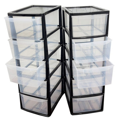 Black 5 Drawer Storage Tower Unit With Clear Spacious Drawers For Home & Office Organisation