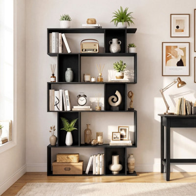 Black 5-Tier S-Shaped Modern Bookcase and Display Shelving Unit
