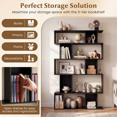 Black 5-Tier S-Shaped Modern Bookcase and Display Shelving Unit