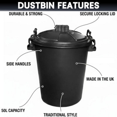 Black 50L Large Heavy Duty Plastic Bin Dustbin Storage with Locking Lid ...