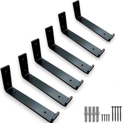 Black 6 Pcs Heavy Duty Shelf Brackets for Scaffold Board Shelving - 6mm Thick Shelves Support Industrial Rustic Style