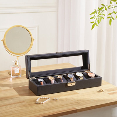 Black 6-Slot Luxury Waterproof Watch Display Case with Glass Lid, PU ...