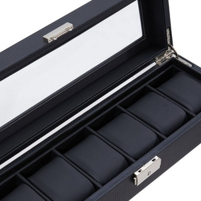 Black 6-Slot Luxury Waterproof Watch Display Case with Glass Lid, PU ...