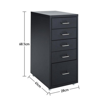 Black 68.5cmH 5 Drawer Metal Movable Office Storage File Cabinet with Wheels