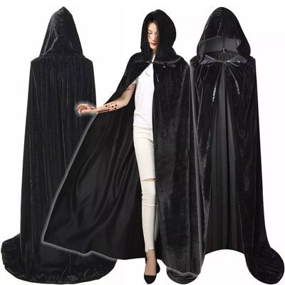 Long Voile Noir Cape D'Halloween - 4,92 Pieds, Velours, Capuche, Pour Fantôme/vampire/mariée Gothique