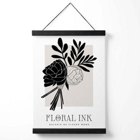 Black and Beige Closed Peonies Floral Ink Sketch Medium Poster with Black Hanger