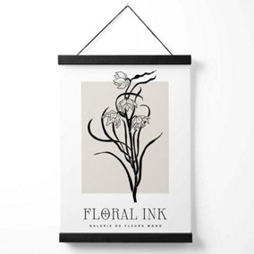 Black and Beige Daffodils Floral Ink Sketch Medium Poster with Black Hanger