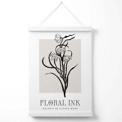 Black and Beige Daffodils Floral Ink Sketch Poster with Hanger / 33cm / White