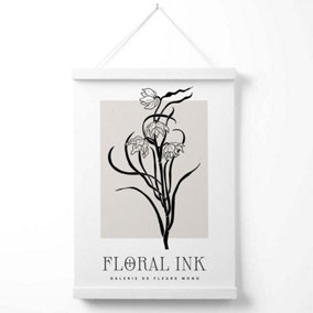 Black and Beige Daffodils Floral Ink Sketch Poster with Hanger / 33cm / White