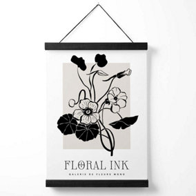 Black and Beige Nasturtium Flowers Floral Ink Sketch Medium Poster with Black Hanger