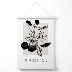 Black and Beige Nasturtium Flowers Floral Ink Sketch Poster with Hanger / 33cm / White