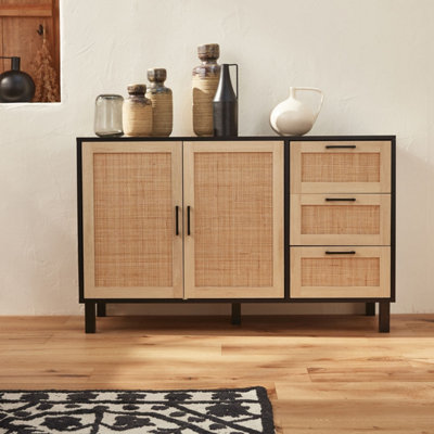 Black and cane sideboard 120 x 40 x 75cm - Bianca - 3 drawers 2 doors 2 ...