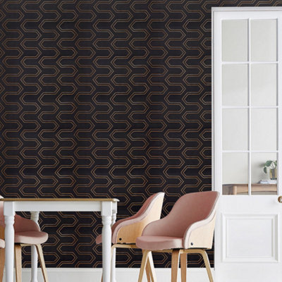 Black and Gold Geometric Fabric Textured Wallpaper Roll 120cm (L)