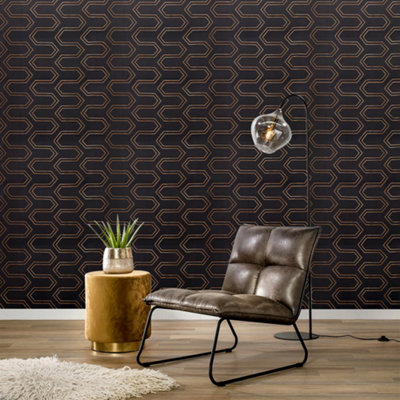 Black and Gold Geometric Fabric Textured Wallpaper Roll 120cm L