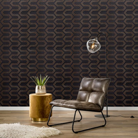 Black and Gold Geometric Fabric Textured Wallpaper Roll 120cm