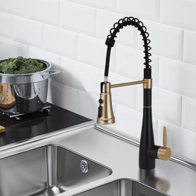 Black and Golden Pre-rinse Pull-Down Swivel Kitchen Mixer Tap Faucet