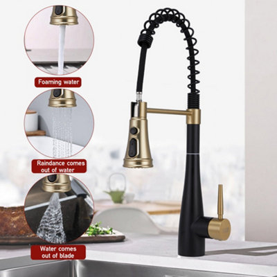 Black and Golden Pre-rinse Pull-Down Swivel Kitchen Mixer Tap Faucet