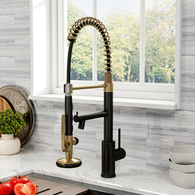 Black and Golden Swivel Kitchen Tap Mixer Tap with Pull Down Sprayer and Pot Filler