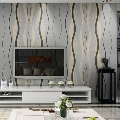 Black and Grey No Woven Patterned Wallpaper Wavy Striped Wallpaper Roll 5.3m²